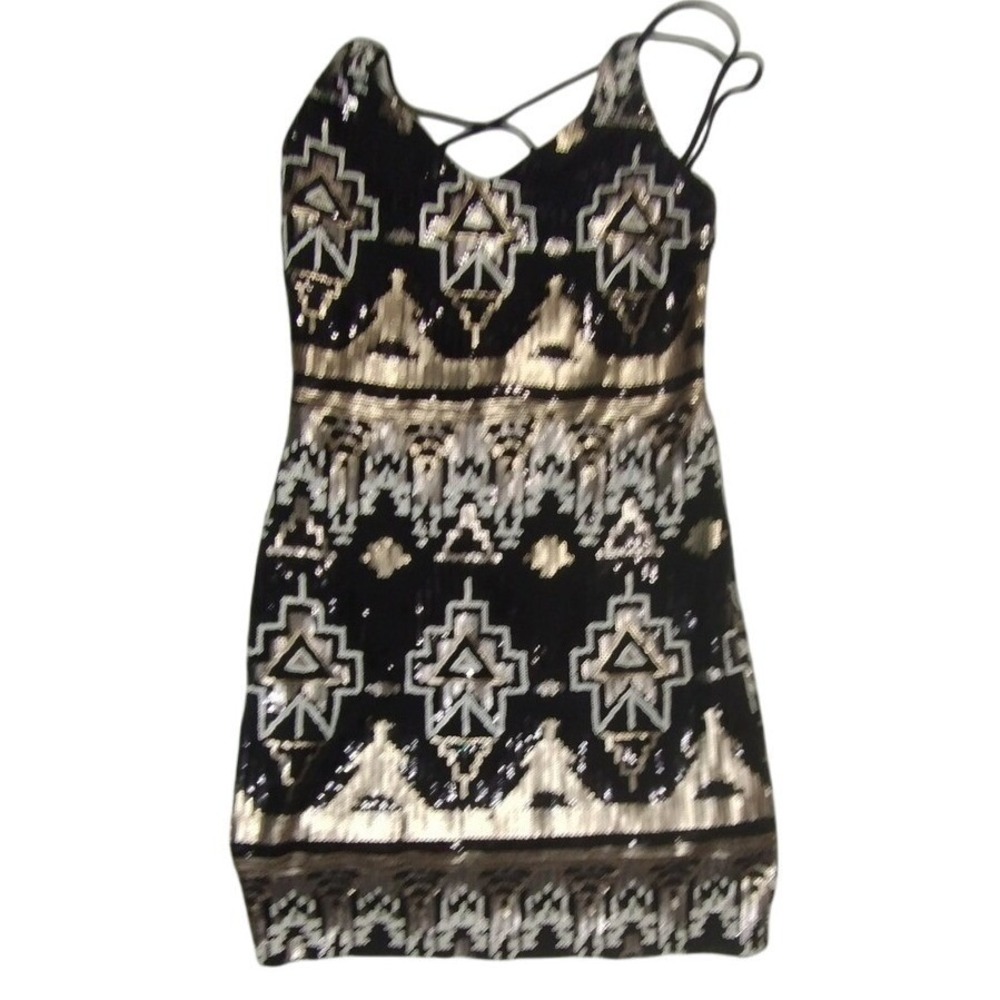 City‎ Triangles Black Gold Sequin Mini Dress Sz 9 Party Cocktail Clubwear